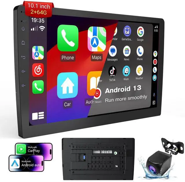 Main image of Double Din Android 13 Car Stereo Receiver - 10.1" Universal HD Touchscreen w/64GB, Built-in GPS & Backup Camera, Bluetooth 4.1, Supports CarPlay/MirrorLink (1990-2023 Vehicles)