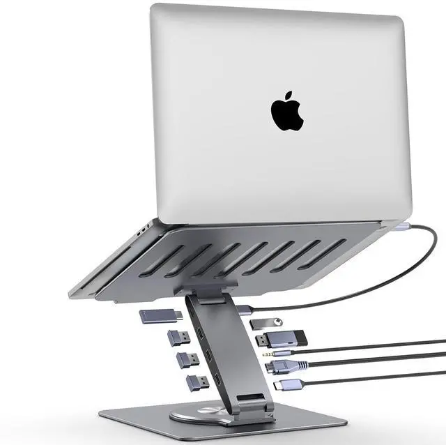 Main image of Adjustable Laptop Stand for Desk with Docking Station 9-in-1, Aluminum Laptop Riser with USB Hub, 360° Swivel, Dual Display 4K60Hz HDMI, 3 USB3.0, 100W PD Charging, for MacBook Pro Air/Dell/HP 7-15.6"