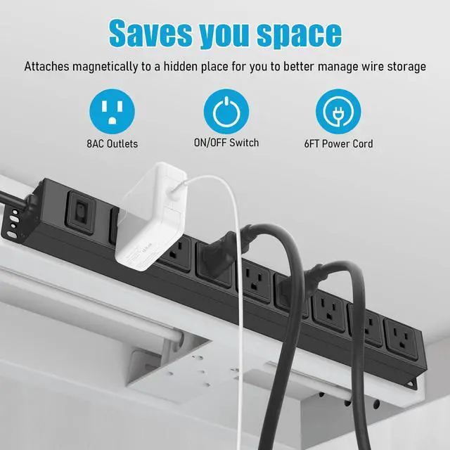 Alt view image 4 of 4 - 2 Pack Magnetic Mount Power Strip, 8 Outlet Mountable Socket, Metal Heavy Duty Surge Protector, Gaming Table Outlet, Easy to Fix Without Drilling or Taping, 10FT Extension Cord.(Black)