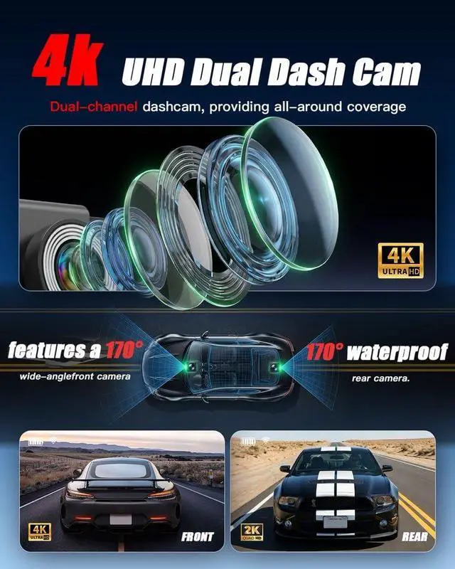Alt view image 3 of 4 - +. Dash Cam Front and Rear, Free Card Included, 5.8GHz WiFi-25MB/s Fast Download, Dash Camera for Cars with WDR,F1.4 Large Aperture Super Night Vision,3.69-inch IPS LCD, 24H Parking Mode