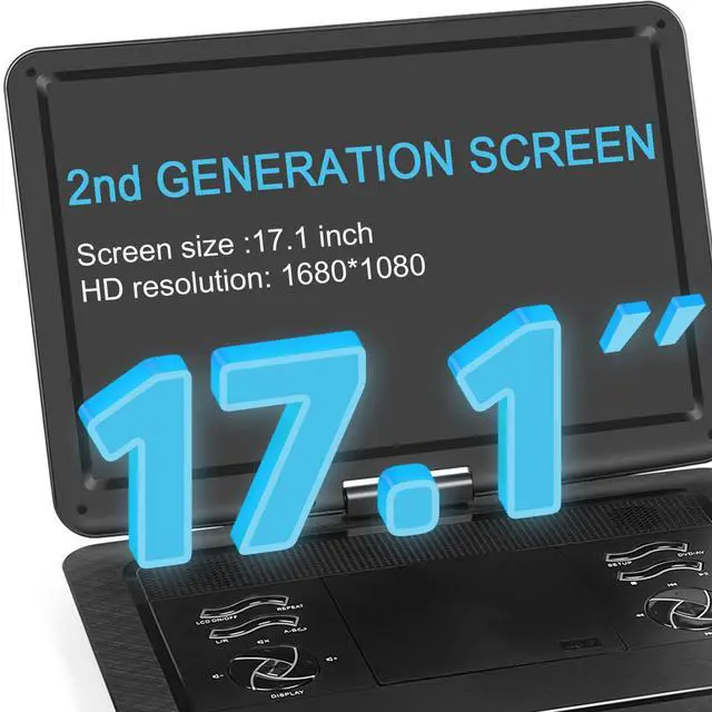 Alt view image 2 of 4 - 19.6" Portable DVD Player with 17.1" Extra Large HD Swivel Screen, 5000mAh Battery, 5-6 Hours Playback, Supports USB/SD Card/Sync TV, Region Free, High Volume Speakers, Black