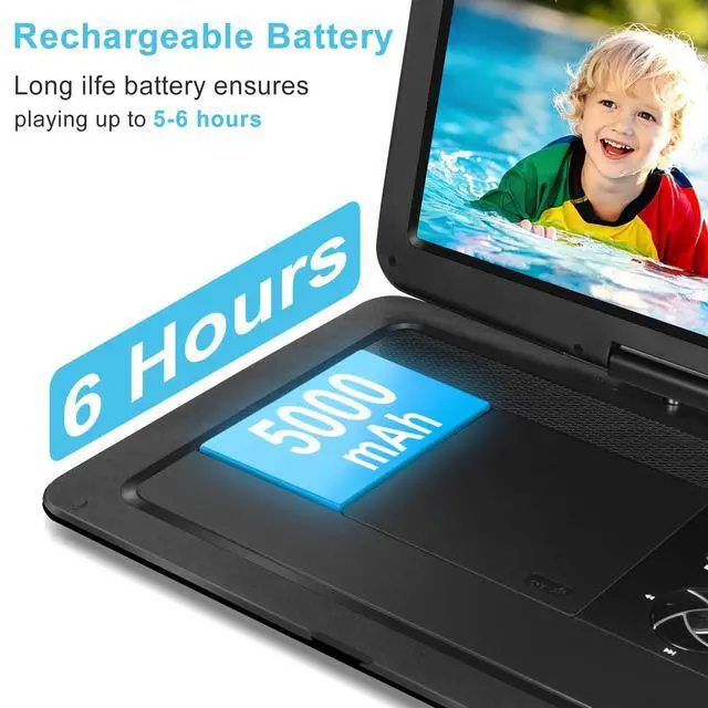 Alt view image 3 of 4 - 19.6" Portable DVD Player with 17.1" Extra Large HD Swivel Screen, 5000mAh Battery, 5-6 Hours Playback, Supports USB/SD Card/Sync TV, Region Free, High Volume Speakers, Black
