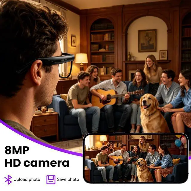 Alt view image 2 of 4 - Smart Glasses with Camera, 8MP HD Photo and Video Recording,AI Glasses with Real-Time Translation/Object Recognition/AI Voice Q&A/Recording, Calls and Music,UV & Blue Light Protection