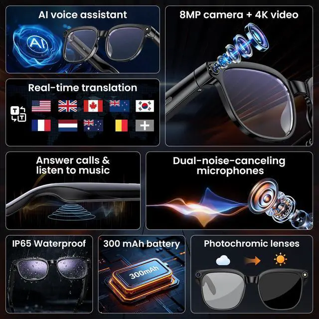 Alt view image 4 of 4 - Smart Glasses with Camera, 8MP HD Photo and Video Recording,AI Glasses with Real-Time Translation/Object Recognition/AI Voice Q&A/Recording, Calls and Music,UV & Blue Light Protection