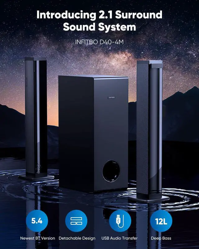 Alt view image 2 of 4 - Sound Bar for Smart TV 2.1CH 190W Peak Power Soundbar with Subwoofer Detachable 2-in-1 BT 5.4 Surround Sound System 12L Deep Bass for PC Game with HD-ARC/Opt/USB/AUX Home Theater