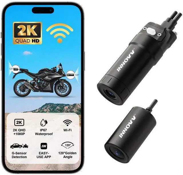 Main image of K6 Motorcycle Dash Cam Dual Channel QHD 2K+1080P, IP67 Waterproof Mini Motocam with Wi-Fi, 120°Golden Angel, G-Sensor Detection, Support 256GB(SD Card not Included)