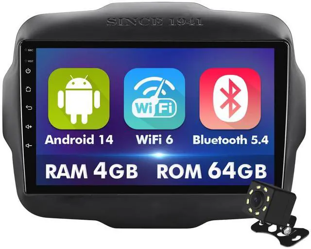 Main image of 9 Inch IPS Touchscreen Android 14 Car Stereo for Jeep Renegade 2015-2020 with Wireless CarPlay & Android Auto 4+64GB Car Radio, Support WiFi 6, Bluetooth,5.4, Backup Camera, SWC