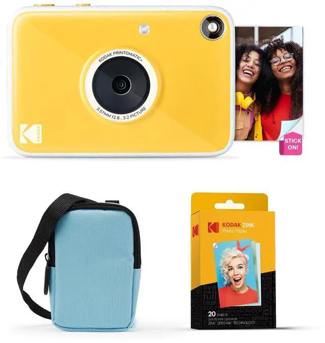 Main image of Printomatic+ Instant Print Digital Camera Starter Bundle + Carrying Case (Blue) + Zink 20pk Sticky-Back Photo Paper - 10MP, Full-Color Photos, GB LED Status Indicator - Yellow