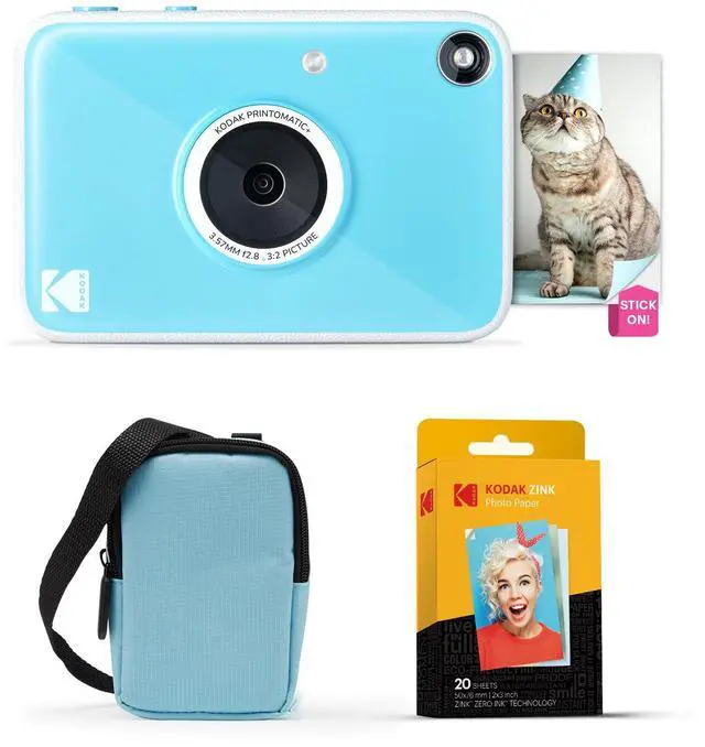 Main image of Printomatic+ Instant Print Digital Camera Starter Bundle + Carrying Case (Blue) + Zink 20pk Sticky-Back Photo Paper - 10MP, Full-Color Photos, GB LED Status Indicator - Blue