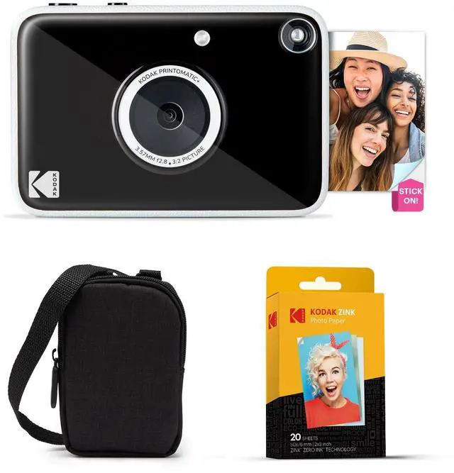 Main image of Printomatic+ Instant Print Digital Camera Starter Bundle + Carrying Case + Zink 20pk Sticky-Back Photo Paper - 10MP, Full-Color Photos, GB LED Status Indicator - Black