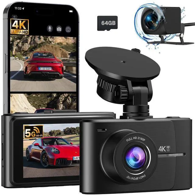 Main image of 4K +2.5K Dash Cam Front and Rear, Free 64GB Card Included, 5.8GHz WiFi Dash Camera for Cars, Built-in Night Vision, G-Sensor,170°Wide Angle, App Control, 3" IPS, 24H Parking Mode, Max 256GB