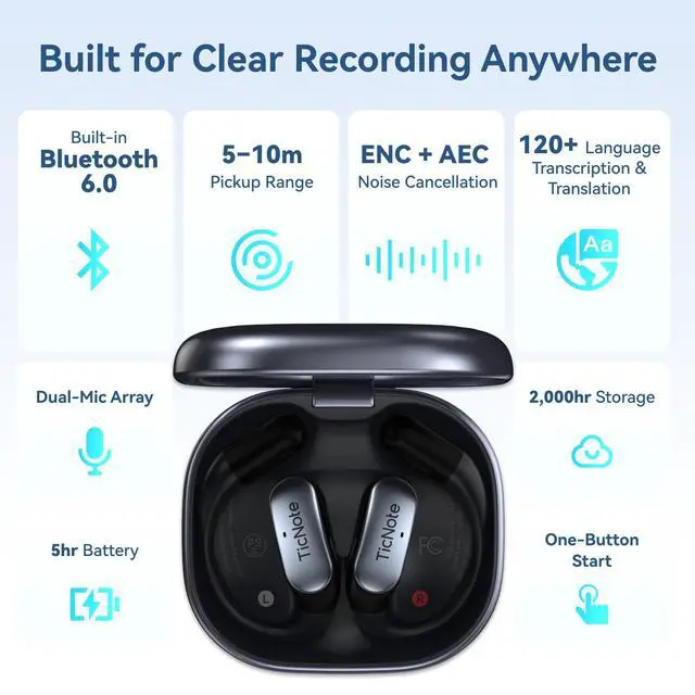 Alt view image 4 of 4 - TicNote Pods AI Voice Recorder, Wi-Fi, Voice Activated Recording, Auto Transcription & Meeting Notes, 120+ Languages, AI Translation, 5H Battery,Pearl White