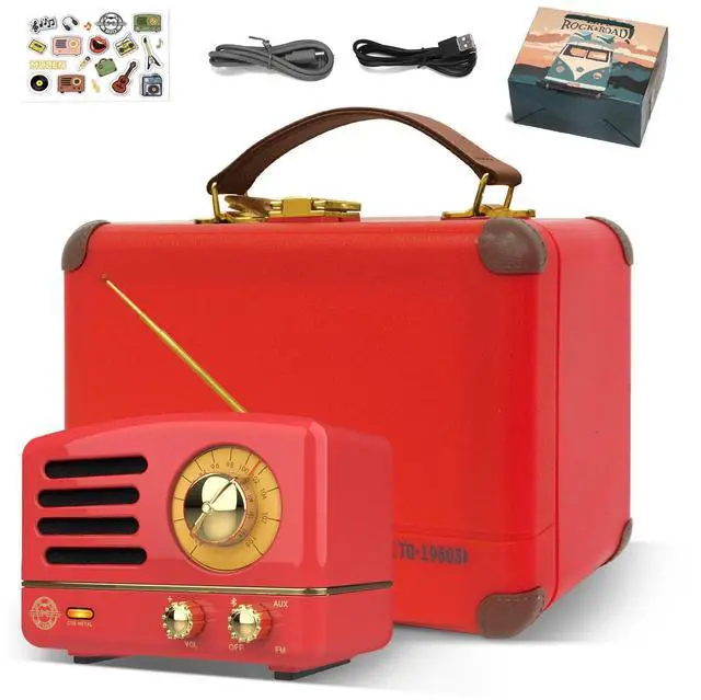 Main image of Portable Bluetooth Speaker, OTR Metal Retro Small Wireless Speaker, FM Radio with Antenna AUX, 10h+ Long Playtime, High Fidelity Stereo Audio with Suitcase, Room Office Decor, Festival Gift