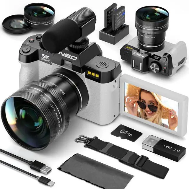 Main image of 5K Digital Cameras for Photography - 16X Zoom Travel Camera with 180° Flip Screen, 64MP Vlogging Cameras Fotograficas for YouTube, 2 Batteries & 64GB TF Card,Auto Focus, Macro Lens (White)
