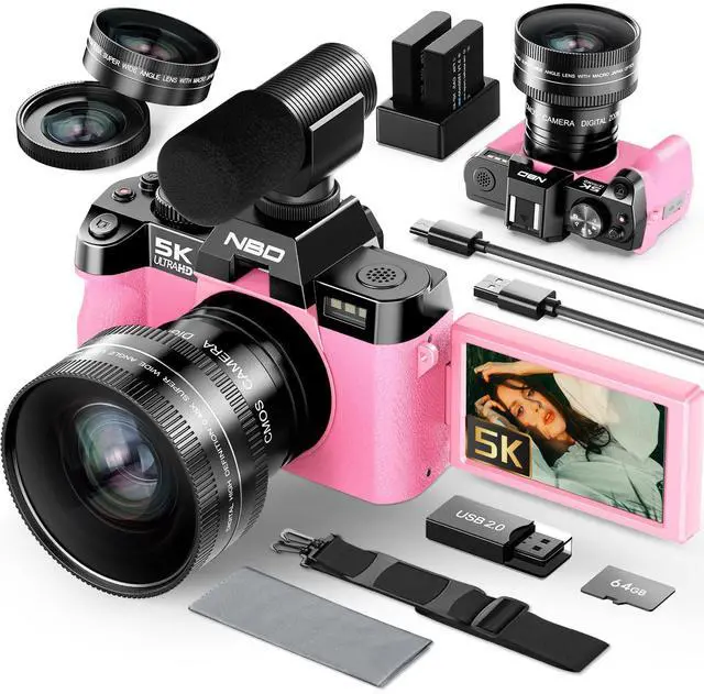 Main image of 5K Digital Cameras for Photography - 16X Zoom Travel Camera with 180° Flip Screen, 64MP Vlogging Cameras Fotograficas for YouTube, 2 Batteries & 64GB TF Card,Auto Focus, Macro Lens (Pink)