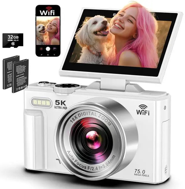 Main image of 5K Digital Camera - WiFi Cameras for Photography 75MP UHD - Autofocus Vlogging Camera for YouTube with 3" 180° Flip Screen - Video Cameras Compact Travel Camara with 18X Zoom, 32GB Card, 2 Batteries