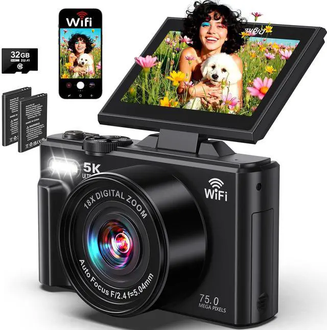 Main image of Digital Camera - 5K WiFi Digital Cameras for Photography - 75MP UHD Autofocus Vlogging Camera for YouTube - Compact Video Cameras Travel Camara with 3" 180° Flip Screen, 18X Zoom, 32GB Card, Batteries