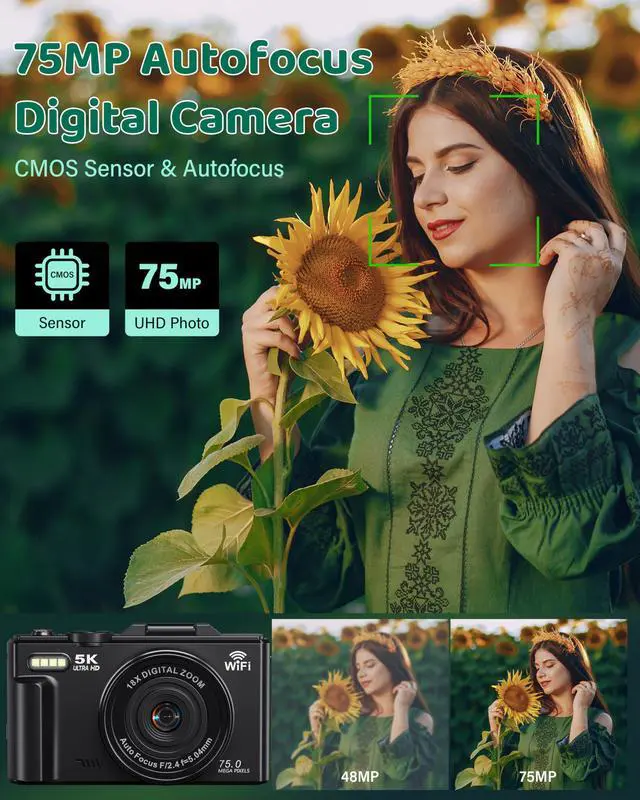 Alt view image 3 of 4 - Digital Camera - 5K WiFi Digital Cameras for Photography - 75MP UHD Autofocus Vlogging Camera for YouTube - Compact Video Cameras Travel Camara with 3" 180° Flip Screen, 18X Zoom, 32GB Card, Batteries