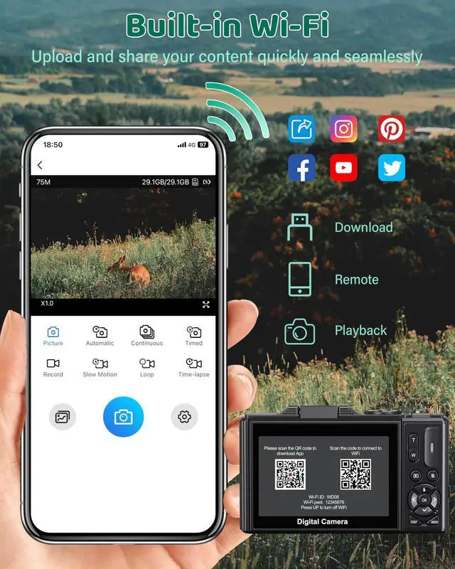 Alt view image 4 of 4 - Digital Camera - 5K WiFi Digital Cameras for Photography - 75MP UHD Autofocus Vlogging Camera for YouTube - Compact Video Cameras Travel Camara with 3" 180° Flip Screen, 18X Zoom, 32GB Card, Batteries