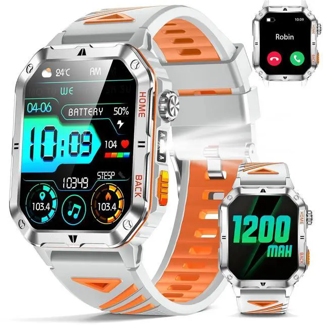 Main image of Military Smart Watch for Men, 2.01 Fitness Tracker with 1200mAh Battery Life, Bluetooth Calling, Flashlight, 5ATM Waterproof, Heart Rate & Sleep Tracking, 110+ Sports Modes for Android & iPhone