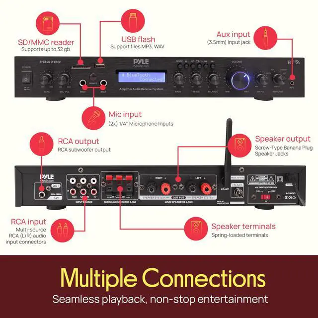 Alt view image 3 of 4 - 5 Channel Rack Mount Bluetooth Amplifier Receiver - Home Theater Amp, Speaker Amplifier, Bluetooth Wireless Streaming, MP3/USB/SD/AUX/FM Radio, 200Watt, w/Digital ID3 LCD Display from - PDA7BU.5
