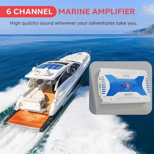 Alt view image 2 of 4 - 6 Channel Marine Amplifier Receiver - Waterproof Wireless Bridgeable Audio Amp for Stereo Speaker with 2000 Watt Power Dual MOSFET Supply, GAIN Level, RCA Inputs and LED Indicator - PLMRA620