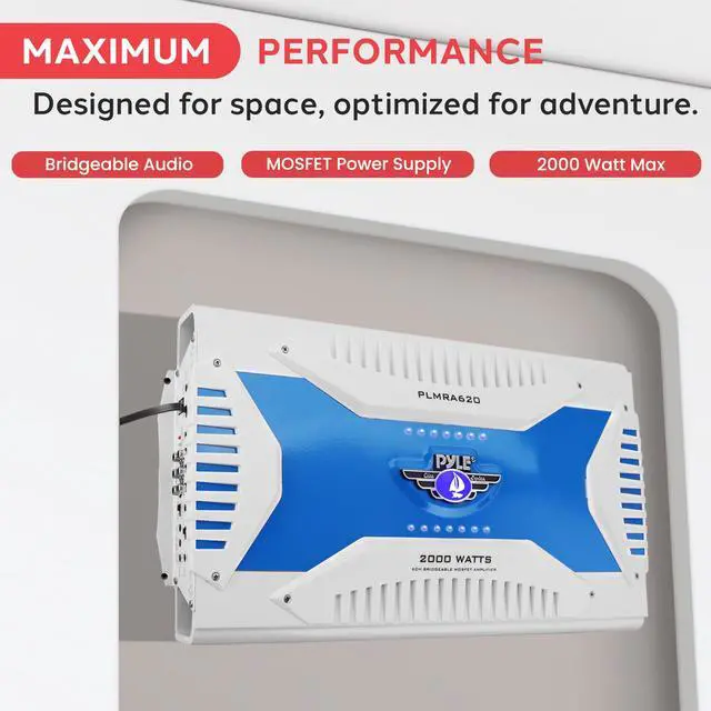 Alt view image 4 of 4 - 6 Channel Marine Amplifier Receiver - Waterproof Wireless Bridgeable Audio Amp for Stereo Speaker with 2000 Watt Power Dual MOSFET Supply, GAIN Level, RCA Inputs and LED Indicator - PLMRA620