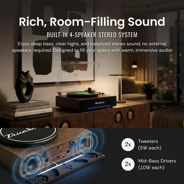 Alt view image 2 of 4 - Hi-Fi Record Player with Speakers | Premium Vinyl Turntable with Bluetooth Capability | Built-in 4-Speaker Stereo System for Music Fans, Walnut Veneer + Black Trim