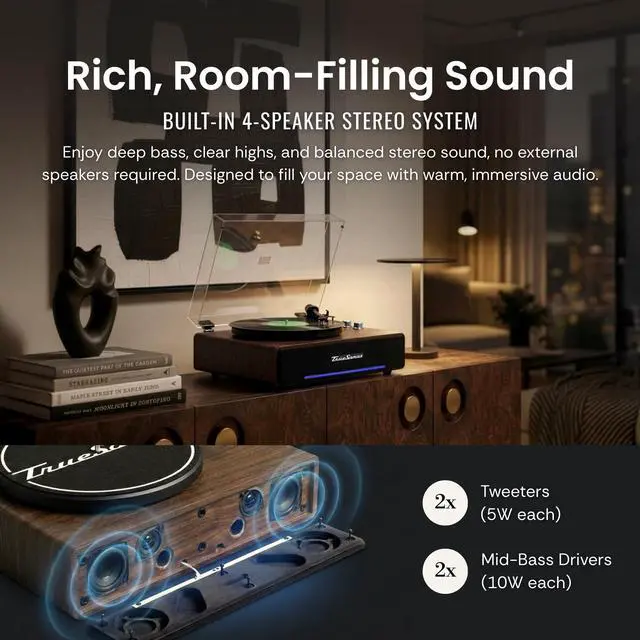 Alt view image 2 of 4 - Hi-Fi Record Player with Speakers | Premium Vinyl Turntable with Bluetooth Capability | Built-in 4-Speaker Stereo System for Music Fans, Walnut Veneer+ Silver Trim