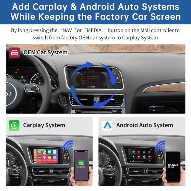 Alt view image 3 of 4 - Wireless CarPlay Android Auto Retrofit Kit for Audi A4 A5 S4 S5 RS4 RS5 Q5 (2008-2015) with 3G MMI System, CarPlay Interface Decoder Box Upgrade, Support MirrorLink, Siri, Navigation