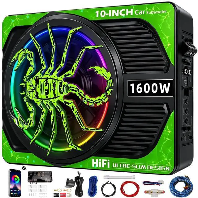 Main image of 2026 Upgraded 10" 1600W Slim Under Seat Car Subwoofer with Built-in Amp & LED Ambient Lights - Low Profile Bass Sub for Car Audio Individual Controls (LPF/Gain/Bass Boost) High Output Distortion-Free