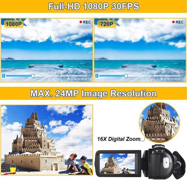 Alt view image 2 of 4 - Video Camera Camcorder Full HD 1080P 30FPS 24.0 MP IR Night Vision Vlogging Camera Recorder 3.0 Inch IPS Screen 16X Zoom Camcorders Remote Control with 2 Batteries