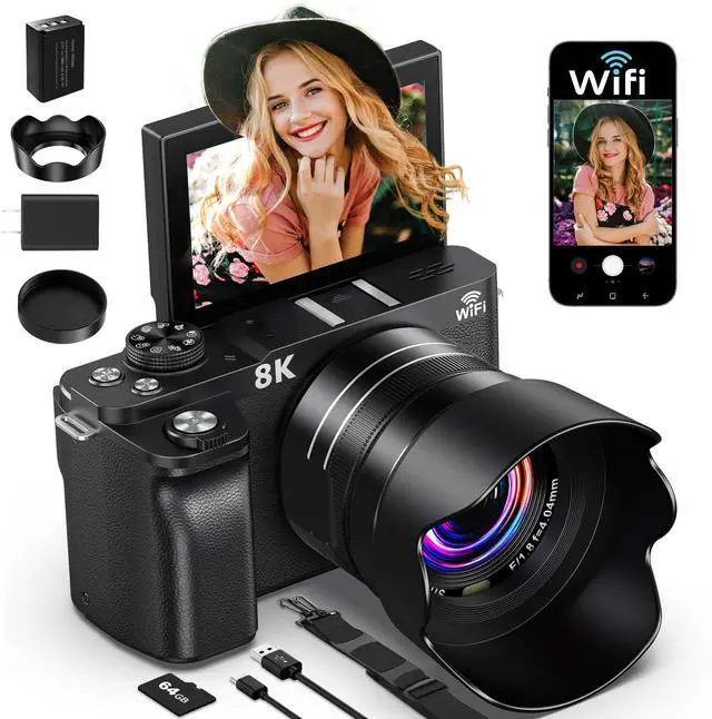 Main image of 8K Digital Camera, 88MP Cameras for Photography, WiFi Vlogging Camera for YouTube with 3" 180° Flip Screen, 18X Zoom UHD Autofocus Video Camara with Lens Hood, 64GB Card