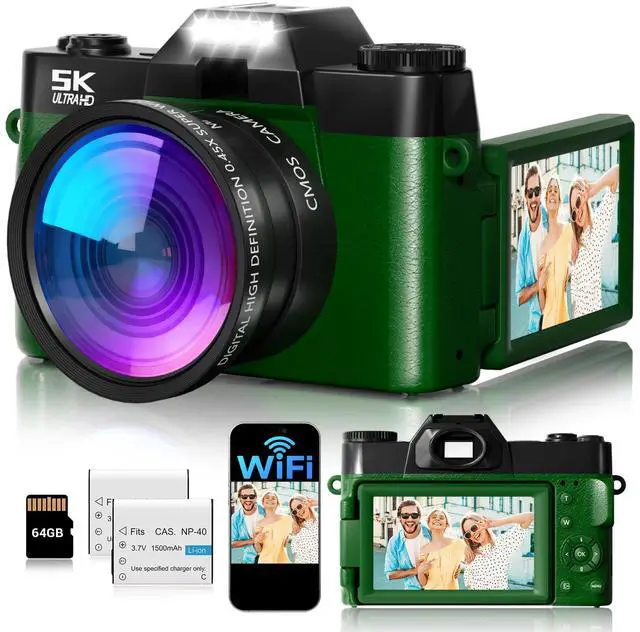 Main image of Digital Camera,UHD 75MP 5K Digital Camera for Photography with WiFi,64GB SD Card Vlogging Camera for YouTube,Travel Camera Featuring 3" 180°Flip Screen,Suitable for Beginners and Teens,Green