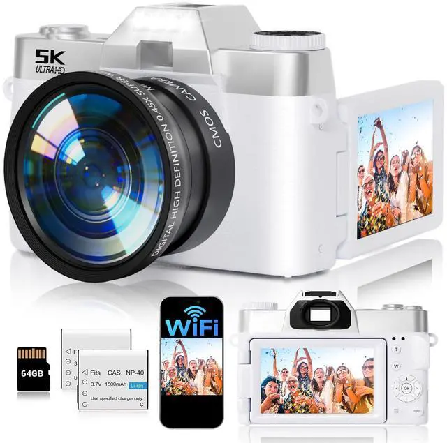 Main image of Digital Camera,UHD 75MP 5K for Photography with WiFi,64GB SD Card Vlogging Travel Camera for YouTube,Featuring 3" 180°Flip Screen,Suitable for Beginners and Teens,White