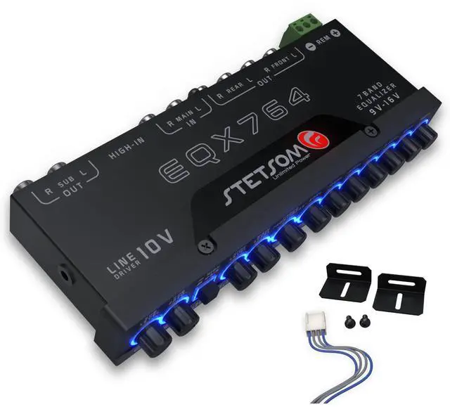 Main image of EQX764-7 Band Equalizer, Pre-Amp Car Audio Graphic Equalizer with 4 Inputs (RCA & High) 6 Outputs, 10v Line Driver to Avoid Noise and Dedicated Sub Controls (Level & Frequency)