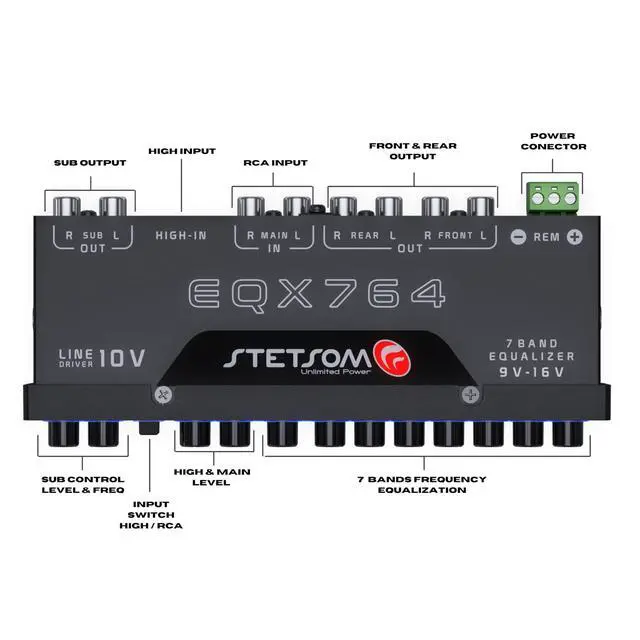 Alt view image 2 of 4 - EQX764-7 Band Equalizer, Pre-Amp Car Audio Graphic Equalizer with 4 Inputs (RCA & High) 6 Outputs, 10v Line Driver to Avoid Noise and Dedicated Sub Controls (Level & Frequency)