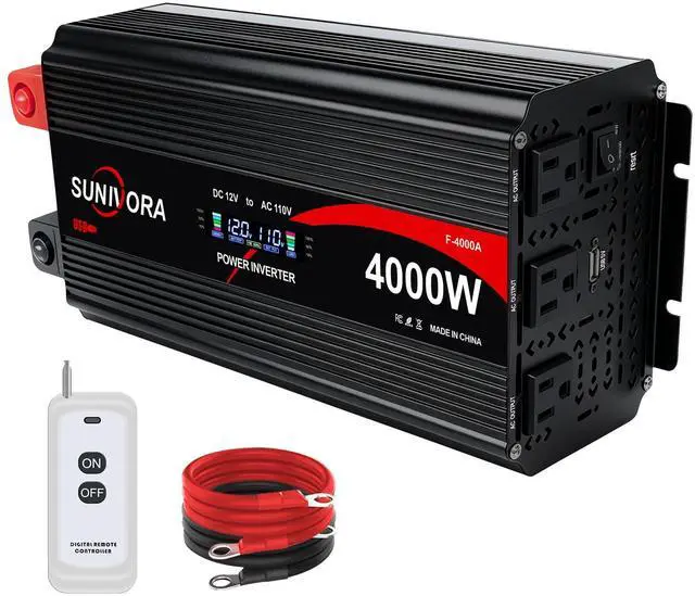 Main image of 4000 Watt Power Inverter 12V to 110V/120V DC to AC Converter 8000W Peak, with Remote Control & LCD, 3 AC Outlets & 1 USB Ports Power Inverters for Vehicles Car Truck Boat RV Camping Solar System EPS
