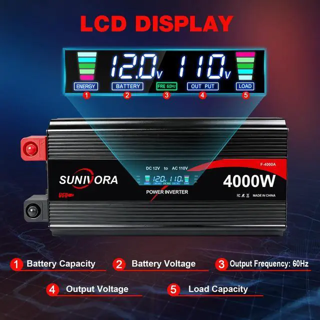 Alt view image 2 of 4 - 4000 Watt Power Inverter 12V to 110V/120V DC to AC Converter 8000W Peak, with Remote Control & LCD, 3 AC Outlets & 1 USB Ports Power Inverters for Vehicles Car Truck Boat RV Camping Solar System EPS