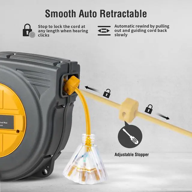 Alt view image 4 of 4 - 50 FT Retractable Extension Cord Reel, 14AWG/3C SJTW Power Cord Storage Reel, 3 Outlets Triple Tap, 13A Circuit Breaker, Wall Mount/Ceiling Hanging for Workshop, Garage, ETL Listed