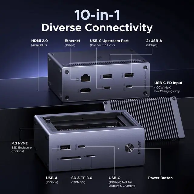 Alt view image 2 of 4 - Revodok NVMe Docking Station 10-in-1 USB-C Hub 4K@60Hz HDMI, M.2 NVMe SSD Enclosure, 10Gbps USB-C/A, 100W PD Charging, Gigabit Ethernet, SD/TF for MacBook M5, Mac mini M4, Windows Laptop