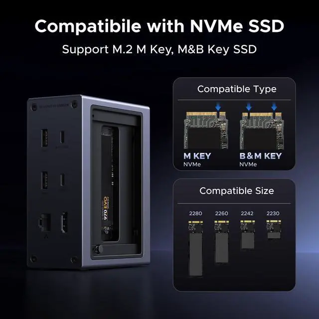 Alt view image 4 of 4 - Revodok NVMe Docking Station 10-in-1 USB-C Hub 4K@60Hz HDMI, M.2 NVMe SSD Enclosure, 10Gbps USB-C/A, 100W PD Charging, Gigabit Ethernet, SD/TF for MacBook M5, Mac mini M4, Windows Laptop