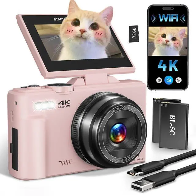 Main image of 4K Digital Camera for Beginners & Teens, Compact Vlogging Camera with 180° Flip Screen, Autofocus, Easy-to-Use for Travel & YouTube, 18X Zoom, WiFi, 2 Batteries, 32GB Card