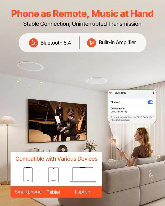 Alt view image 3 of 4 - Bluetooth Ceiling Speakers, 8", in Ceiling & in-Wall Speaker System with Amplifier, 2-Way Flush Mount Speakers, for Damp Humid Placement, Home Theater, Living Room, or Covered Patio, 1 Pair