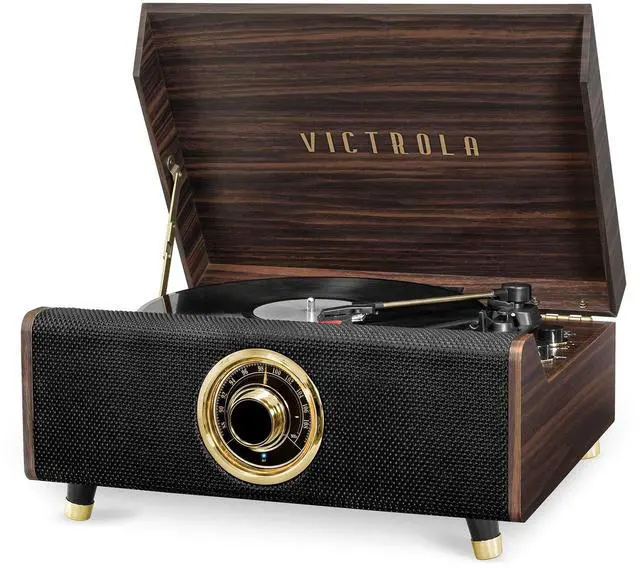Main image of Highland 4-in-1 Bluetooth Record Player with Speakers 3-Speed Vinyl Record Player, FM Radio & 3.5mm Aux, Wireless Music Streaming (Espresso)