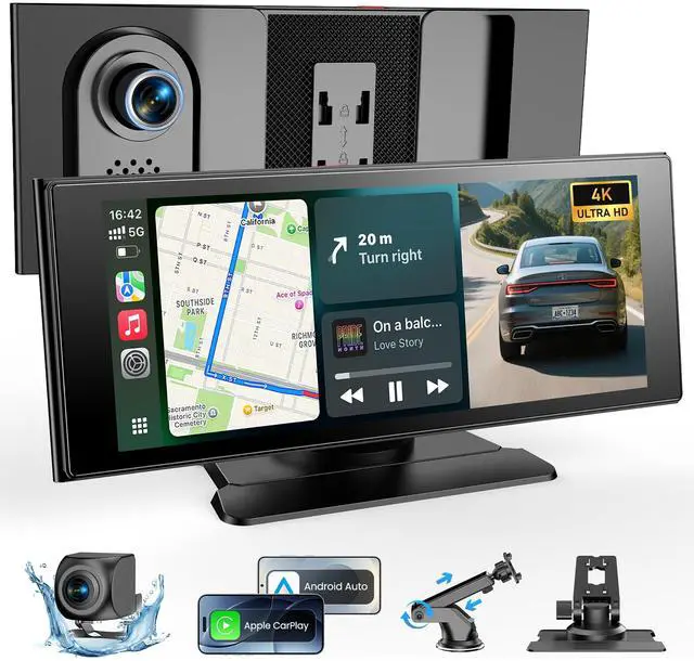 Main image of Wireless Car Play Screen, 10.26'' Monitor with Apple Carplay & Android Auto, 4K Dash Cam 64G, 1080P Backup Camera, Portable Smart Touch Tablet Stereo Multimedia Dashboard, Bluetooth/FM/GPS/AUX