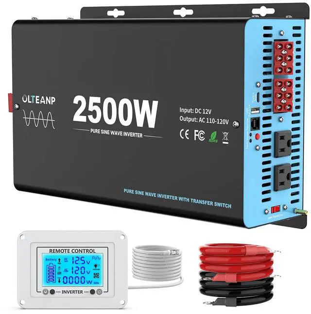 Main image of 2500W Pure Sine Wave Power Inverter with Transfer Switch, 12V DC to 120V AC Converter, Auto Switch to Shore Power, 5000W Peak, Remote LCD Controller, USB & Type-C for RV, Truck, Off-Grid Use