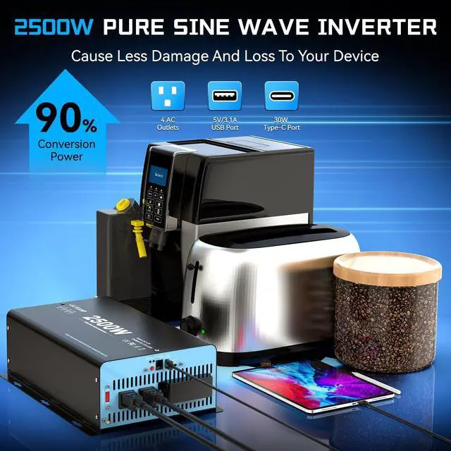 Alt view image 3 of 4 - 2500W Pure Sine Wave Power Inverter with Transfer Switch, 12V DC to 120V AC Converter, Auto Switch to Shore Power, 5000W Peak, Remote LCD Controller, USB & Type-C for RV, Truck, Off-Grid Use