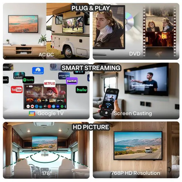 Alt view image 3 of 4 - 19'' RV TV, Smart 12V HDTV W/DVD Player, Dual Power Options (12V DC/AC), Google OS & Google Assistant Compatibility, WiFi & Bluetooth, HDMI/USB Ports, Perfect for RVs, Campers, and Kitchens