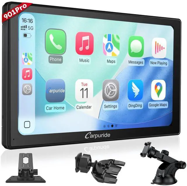 Main image of W901 Pro with Wireless Bluetooth Transmission Portable Carplay & Android Auto Car Stereo, 1080P Touch Screen, Mirror Link/GPS/Siri/FM, with 3 Bracket